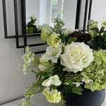 Hellebores, Roses and Snowball in a Black Metal Vase RTfact Flowers 