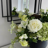 Hellebores, Roses and Snowball in a Black Metal Vase RTfact Flowers 