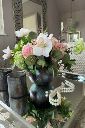 Hellebores, Hydrangea and Guelder Rose in a Bronze Glass Vase ( Pink)