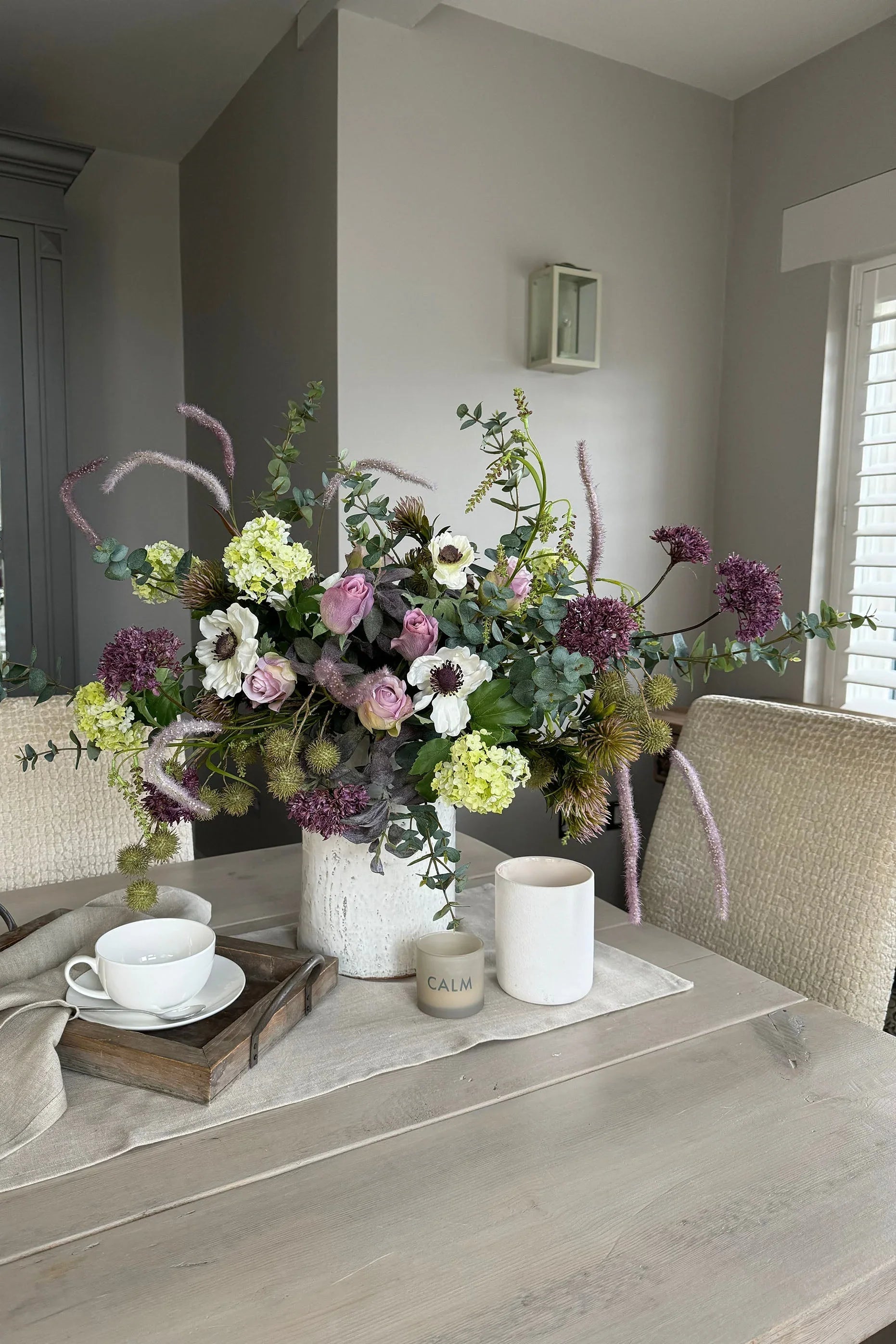 Eucalyptus, Sedum, Anemone and Roses in a Glazed Vase RTfact Flowers 