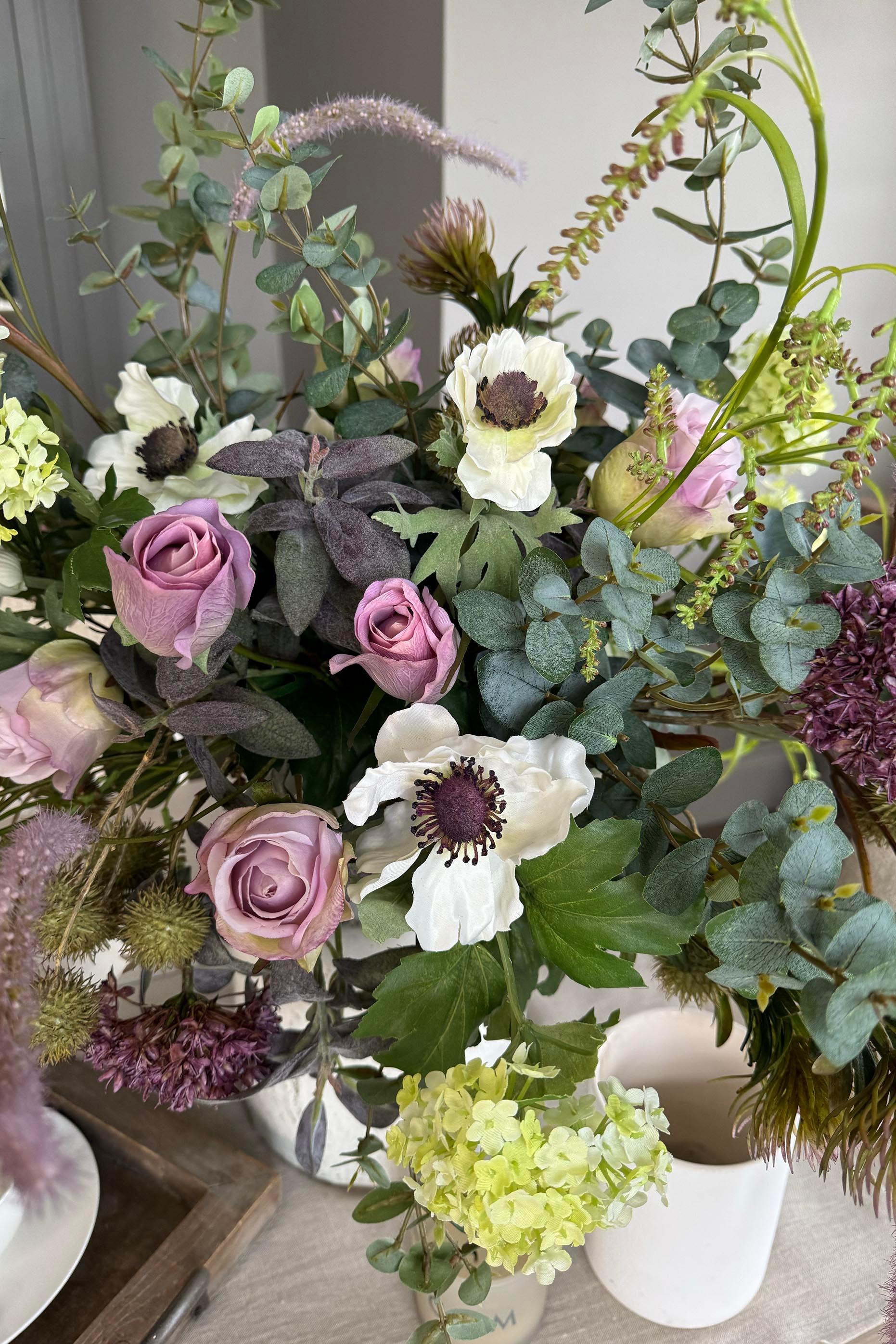 Eucalyptus, Sedum, Anemone and Roses in a Glazed Vase RTfact Flowers 