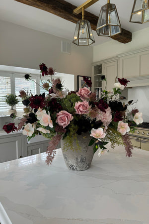 Roses, Scabiosa, Magnolia in a Stone Vase