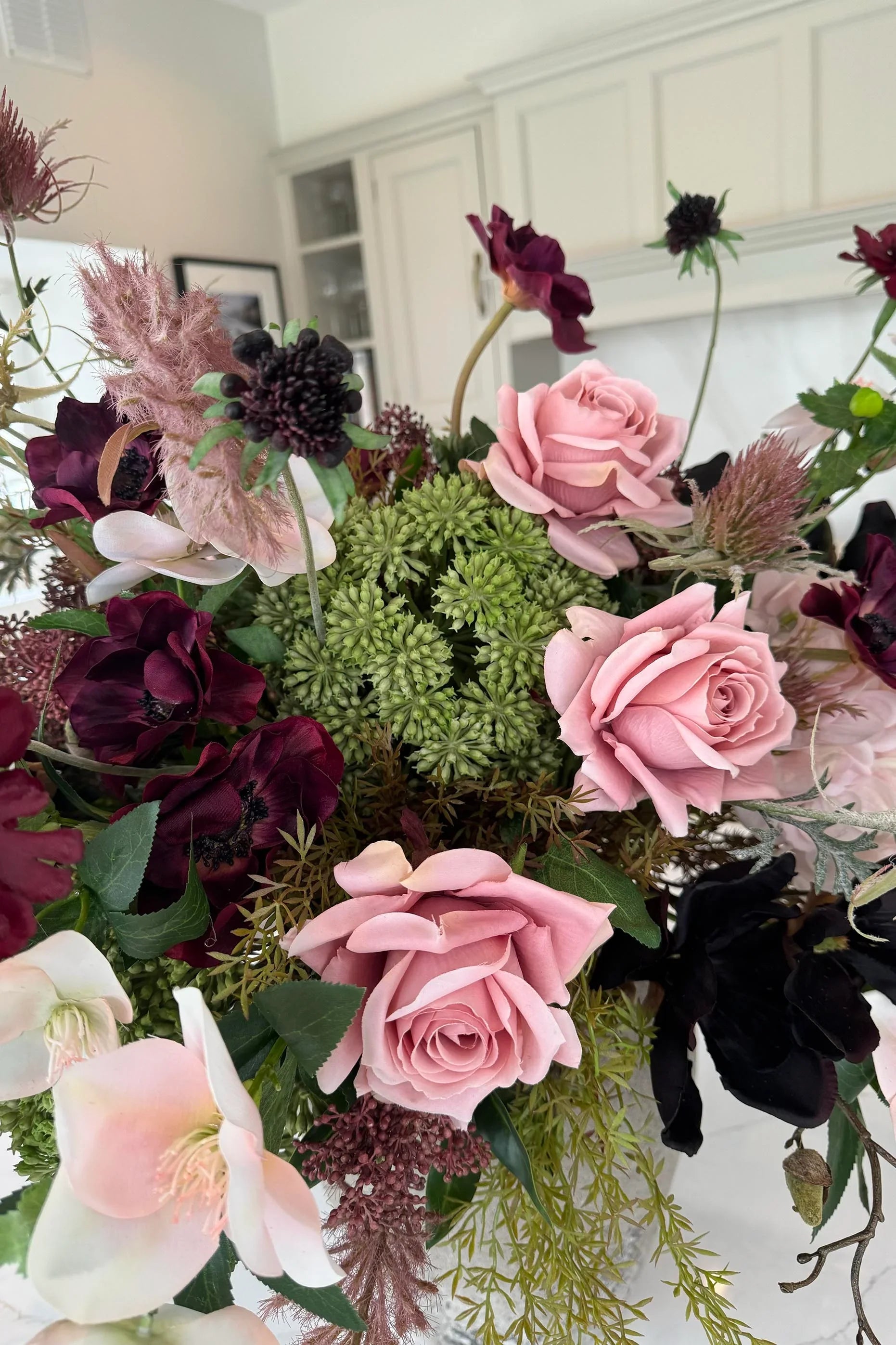 Roses, Scabiosa, Magnolia in a Stone Vase RTfact Flowers 