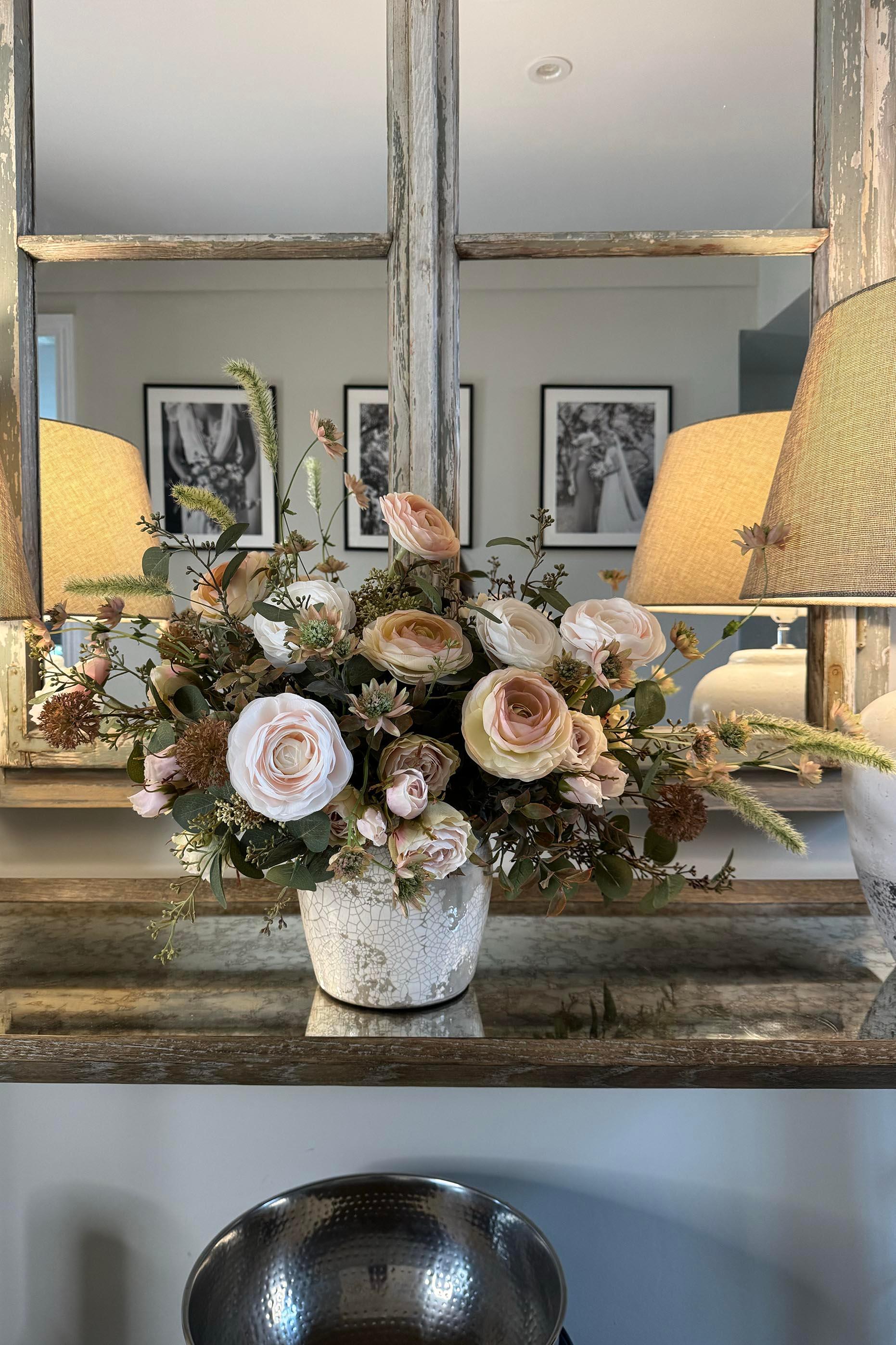 Ranunculus, Lappa Bush and Roses in a Stone Vase RTfact Flowers 