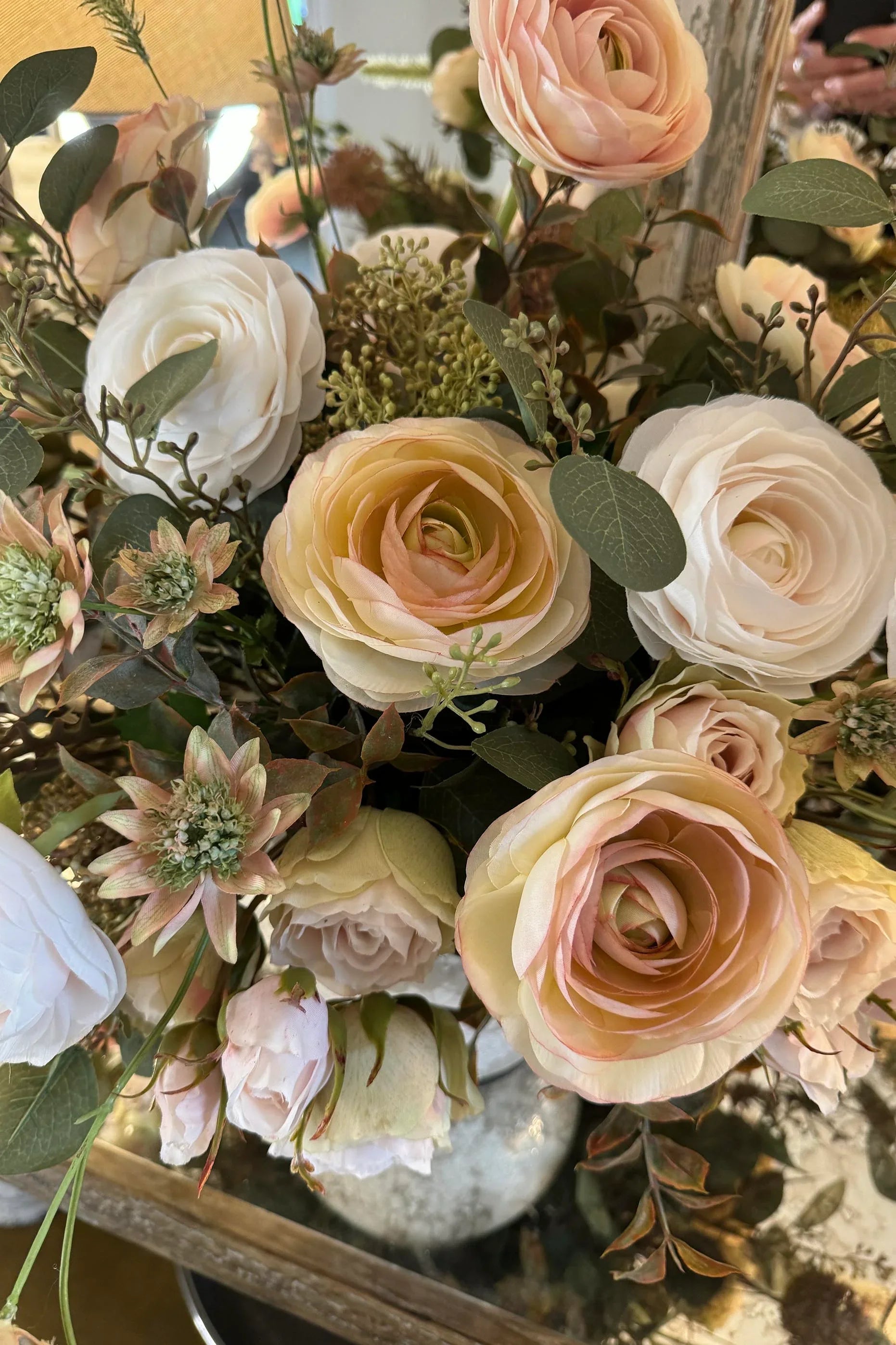 Ranunculus, Lappa Bush and Roses in a Stone Vase RTfact Flowers 