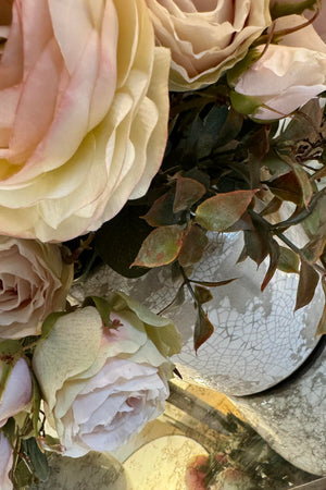 Ranunculus, Lappa Bush and Roses in a Stone Vase