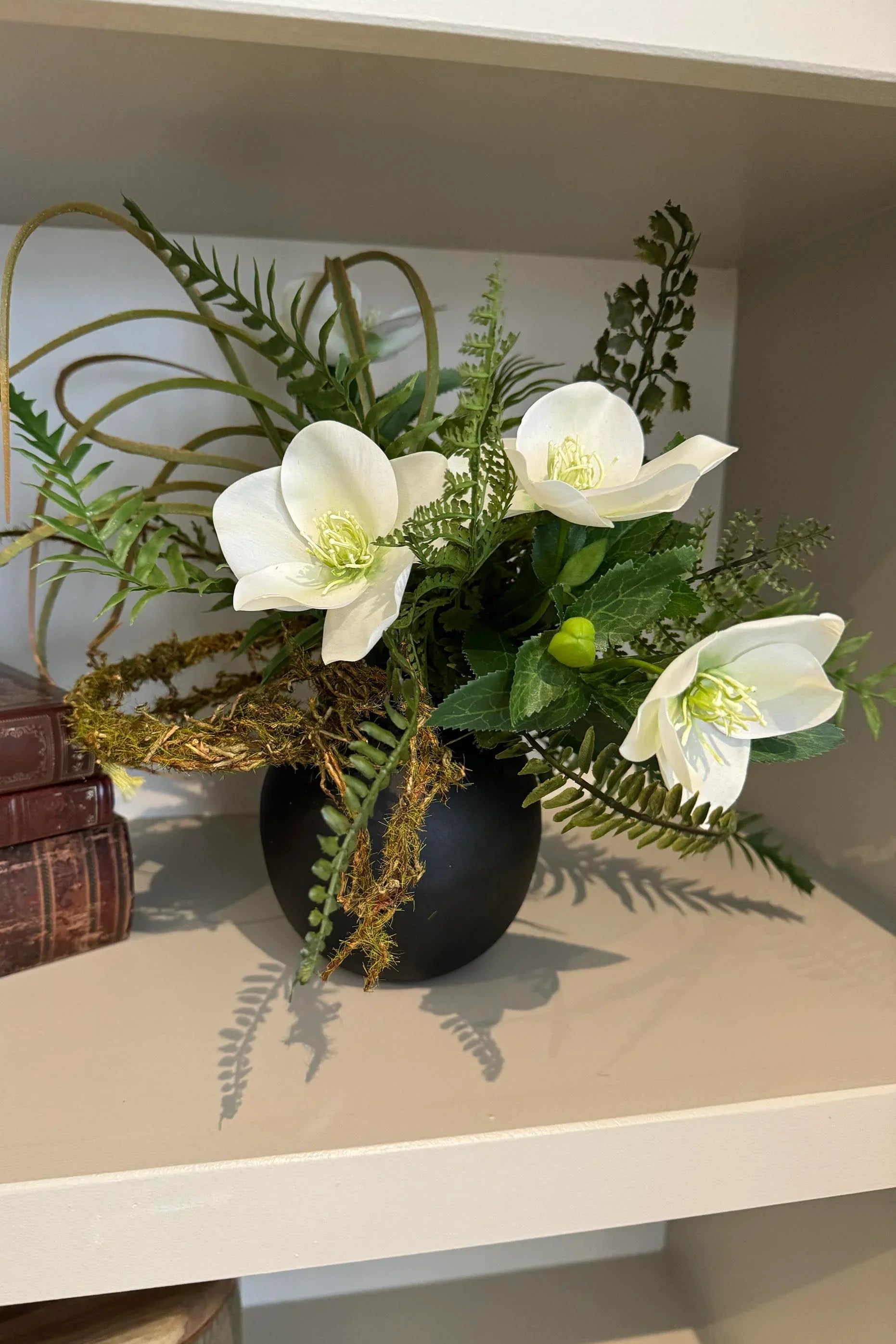 Mossy Twig, Fern and Hellebores in a Black Metal Bud Vase RTfact Flowers 