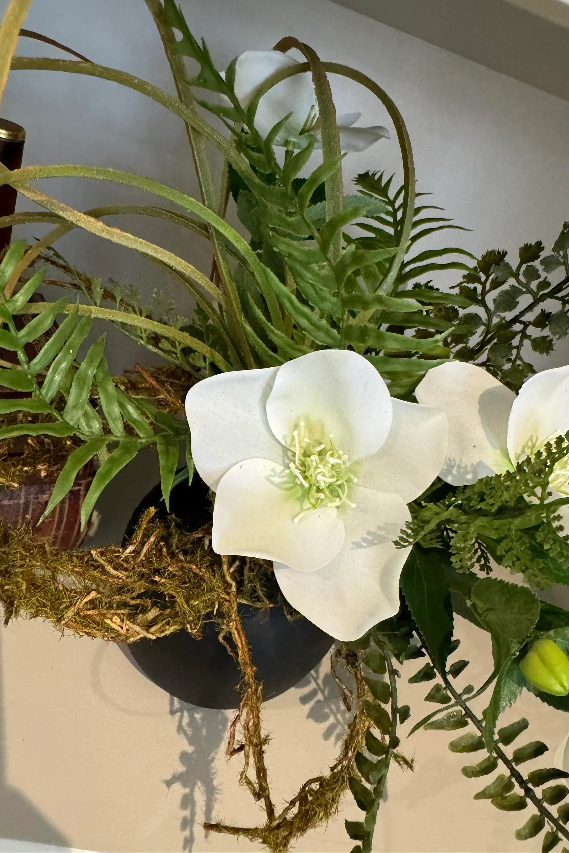 Mossy Twig, Fern and Hellebores in a Black Metal Bud Vase RTfact Flowers 