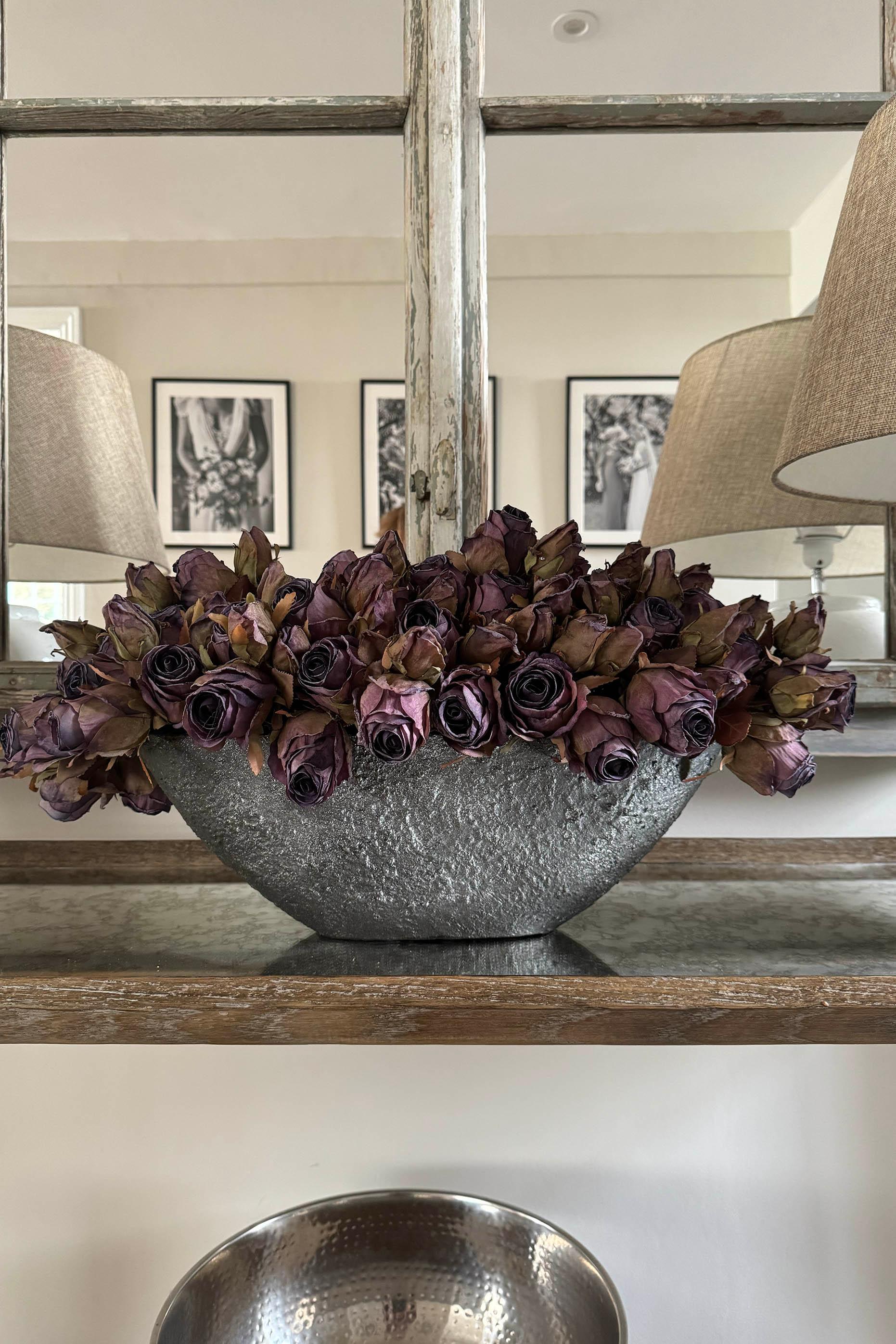 Roses (Deep Purple) in a Hand Painted Stone Boat RTfact Flowers 
