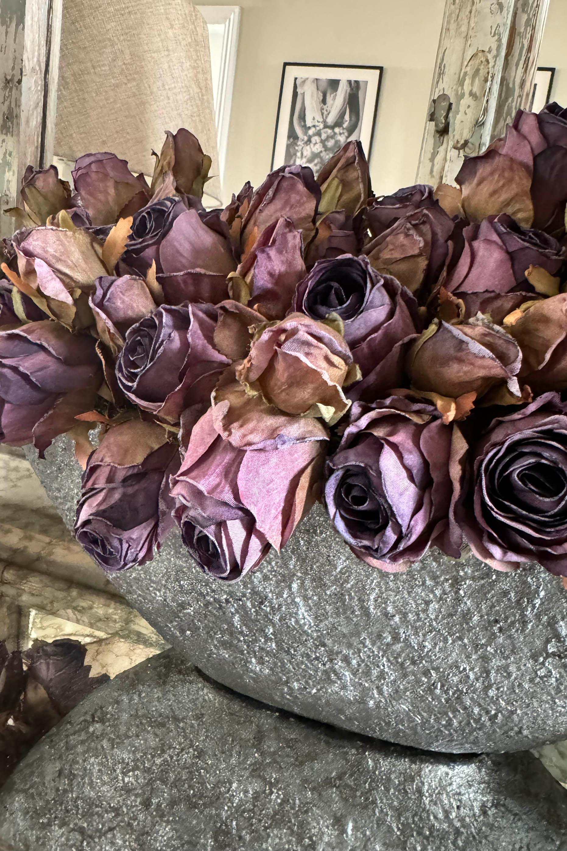 Roses (Deep Purple) in a Hand Painted Stone Boat RTfact Flowers 