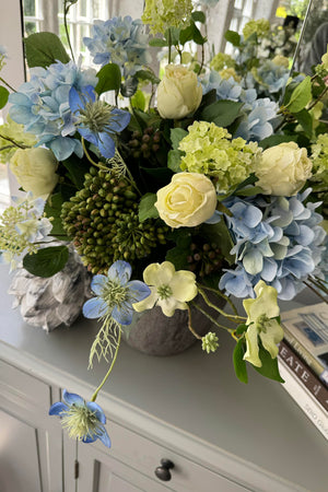 Hydrangea, Nigella, Roses and Ivy in a Stone Vase