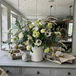 Eucalyptus, Anemones, Roses and Scabiosa in a Glazed White Vase RTfact Flowers 