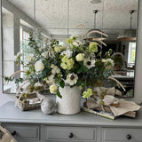 Eucalyptus, Anemones, Roses and Scabiosa in a Glazed White Vase RTfact Flowers 