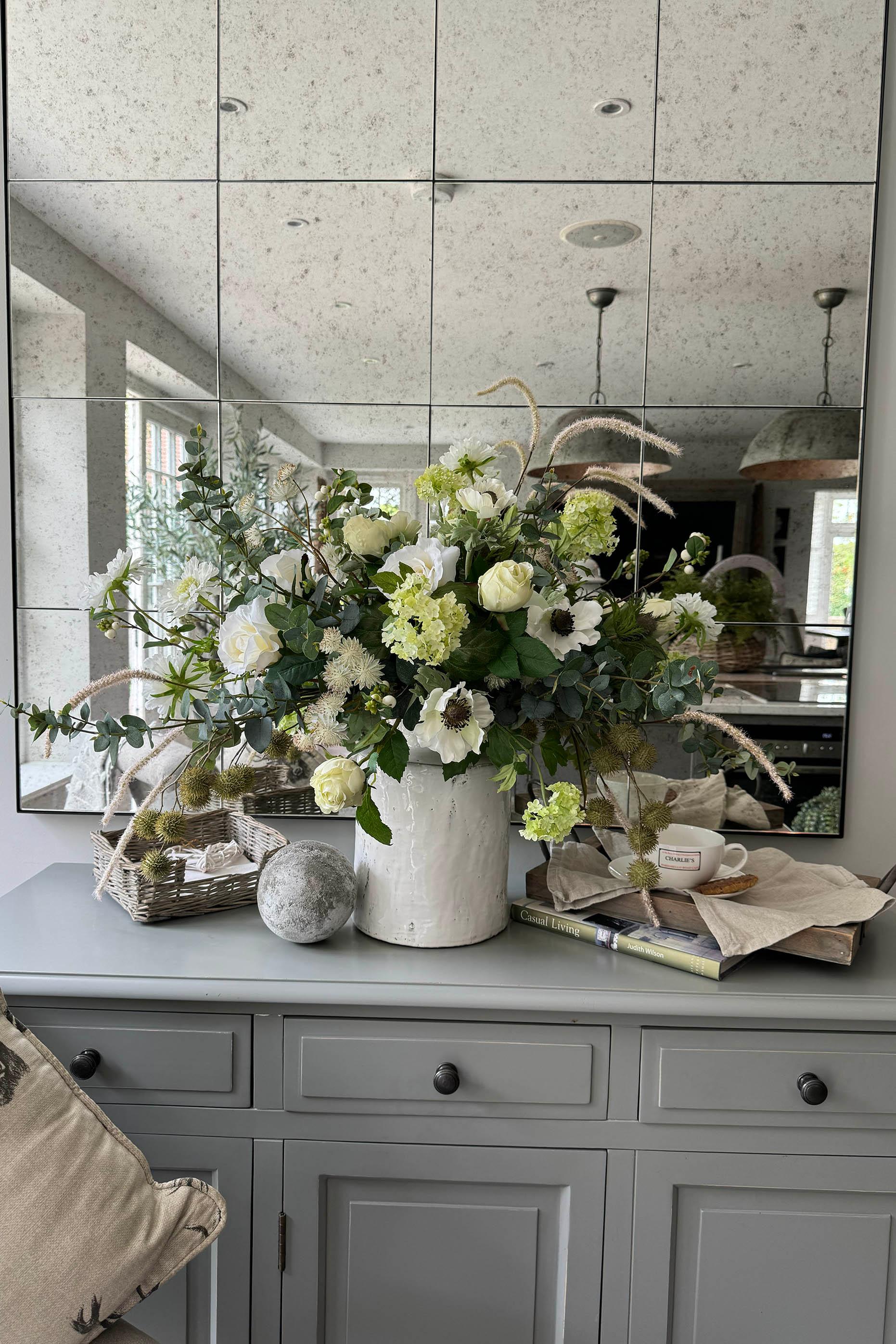 Eucalyptus, Anemones, Roses and Scabiosa in a Glazed White Vase RTfact Flowers 
