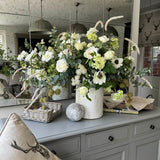 Eucalyptus, Anemones, Roses and Scabiosa in a Glazed White Vase RTfact Flowers 