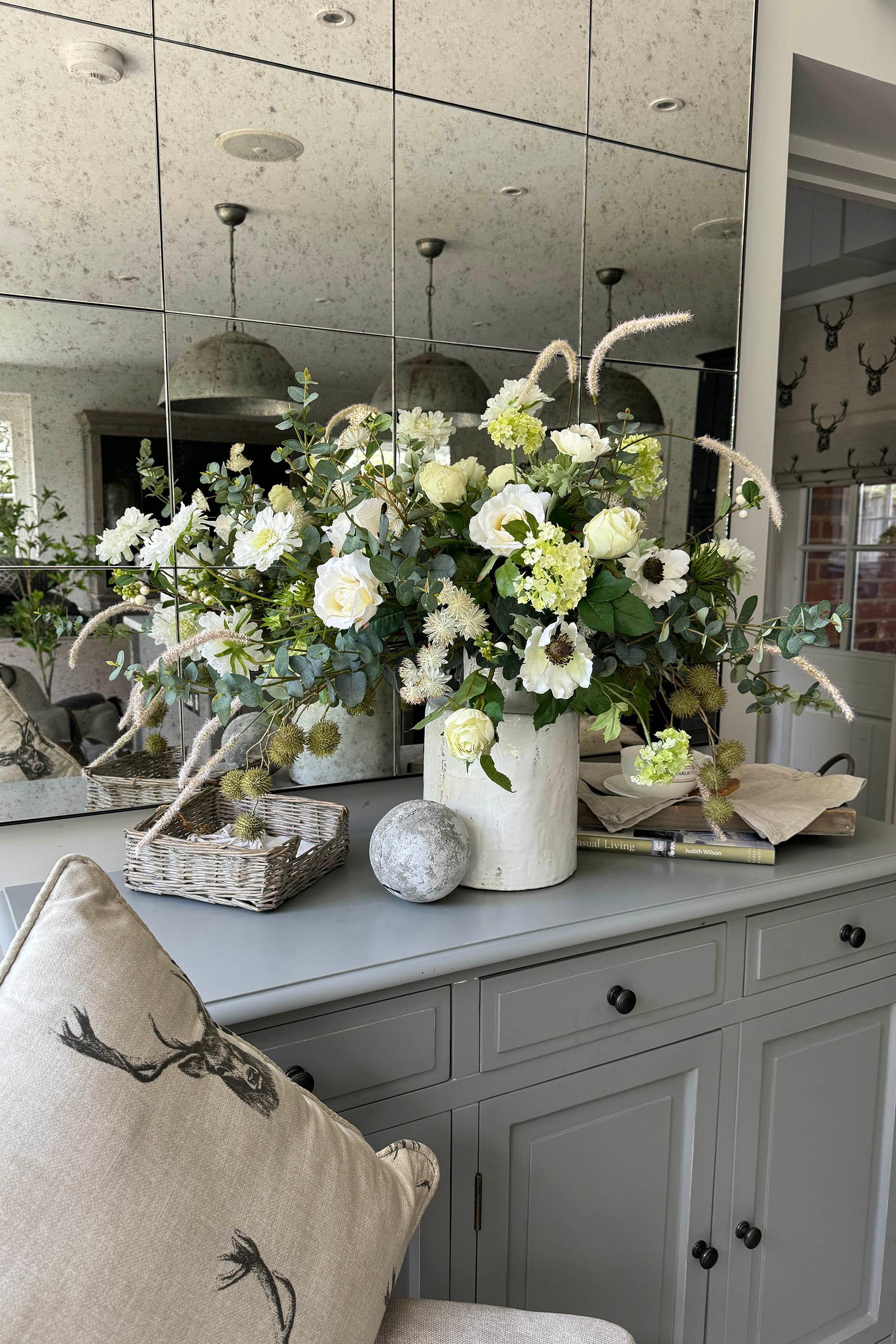 Eucalyptus, Anemones, Roses and Scabiosa in a Glazed White Vase RTfact Flowers 