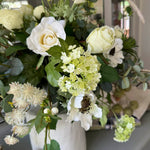 Eucalyptus, Anemones, Roses and Scabiosa in a Glazed White Vase RTfact Flowers 