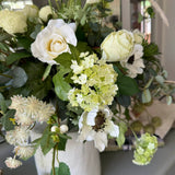 Eucalyptus, Anemones, Roses and Scabiosa in a Glazed White Vase RTfact Flowers 