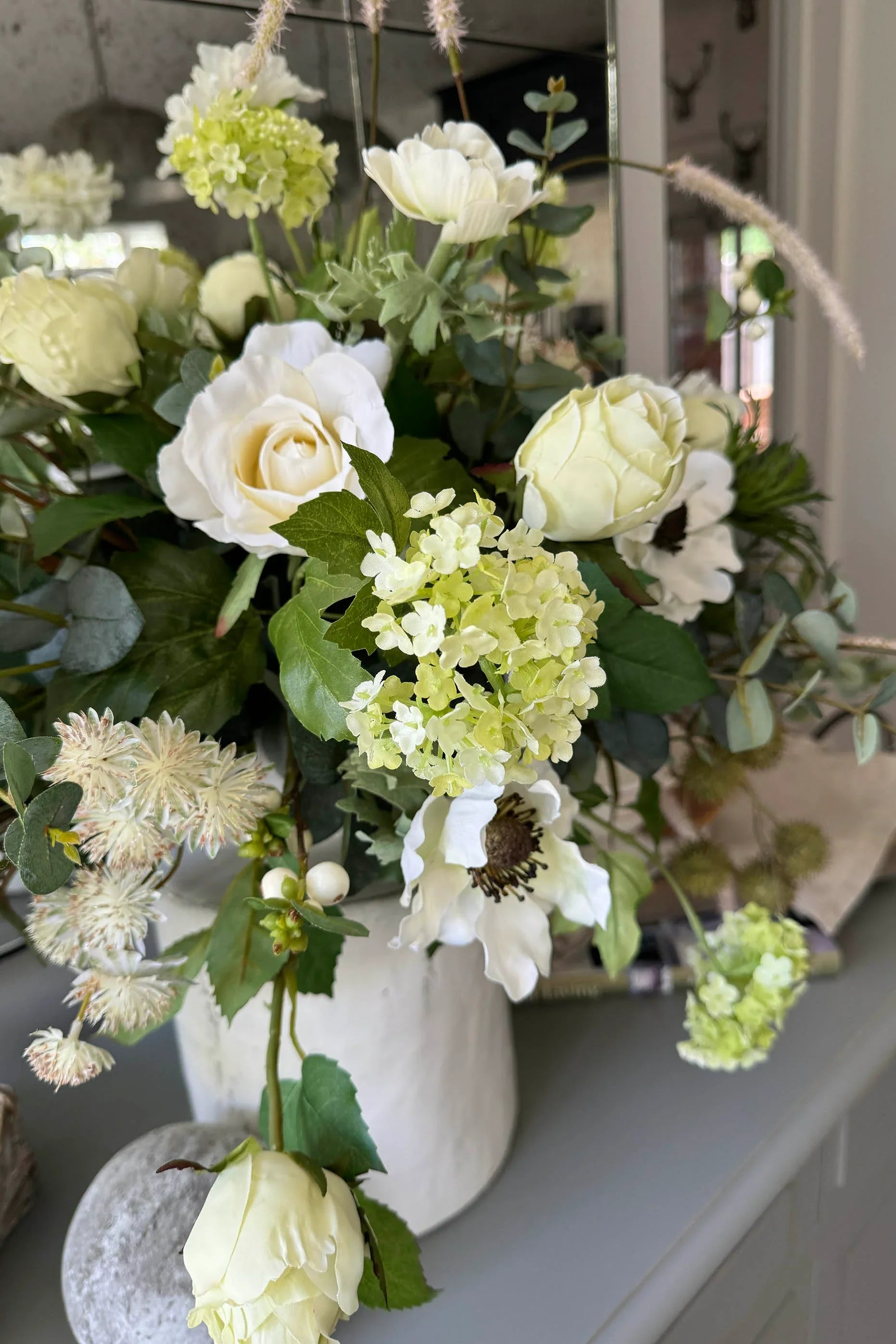 Eucalyptus, Anemones, Roses and Scabiosa in a Glazed White Vase RTfact Flowers 
