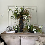 Hellebore, Ferns and Mossy Twig in a Black Ridged Vase RTfact Flowers 
