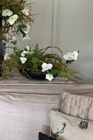 Hellebore, Ferns and Mossy Twig in a Black Bowl