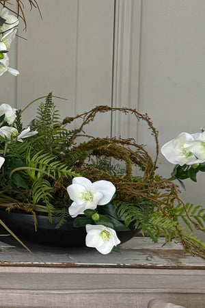 Hellebore, Ferns and Mossy Twig in a Black Bowl