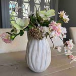Faux Flower Arrangement Blossom, Hellebore and Hydrangea in a Glazed Ceramic Vase. Rtfact