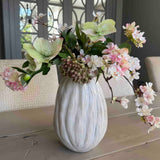 Faux Flower Arrangement Blossom, Hellebore and Hydrangea in a Glazed Ceramic Vase. Rtfact