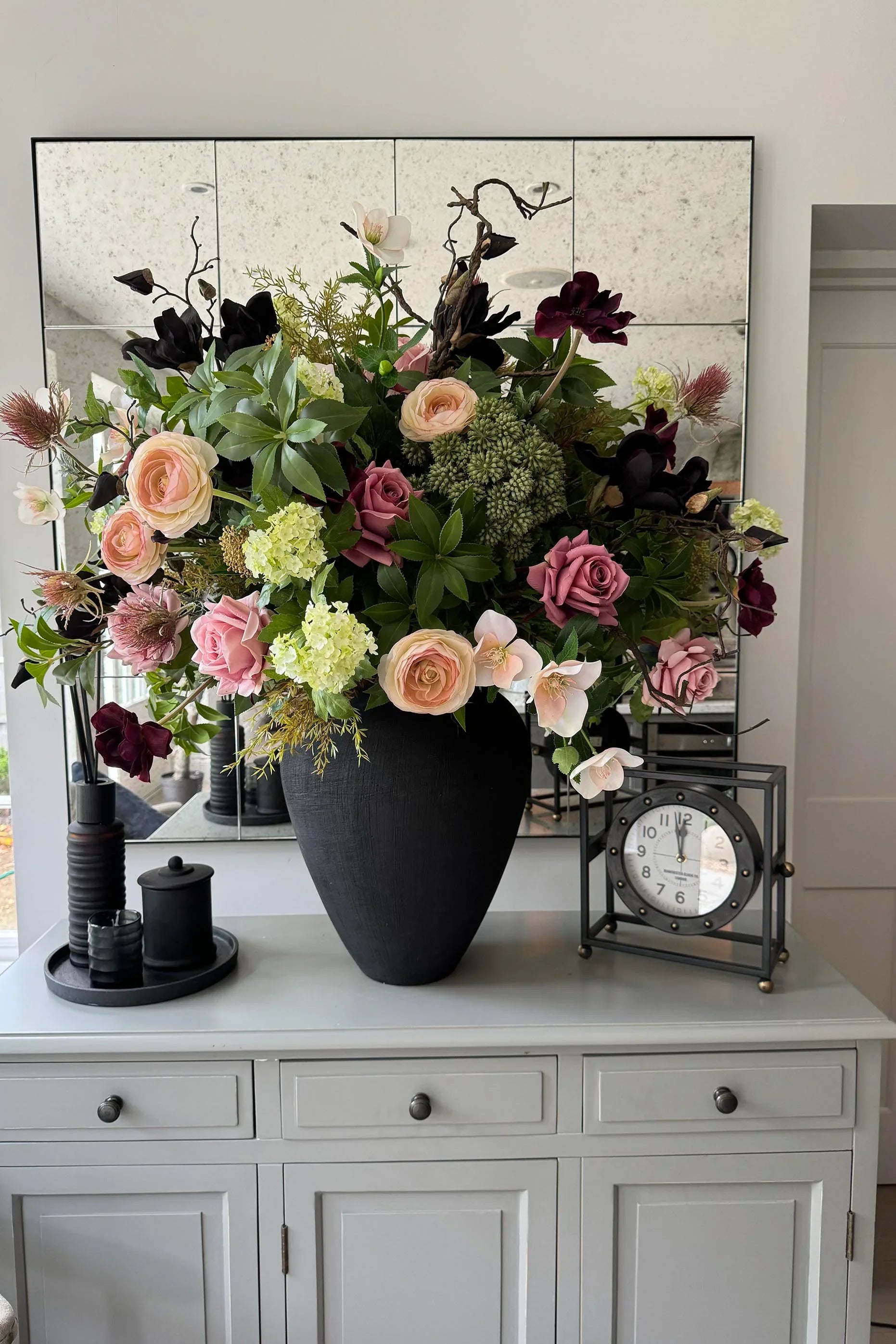 Angelica, Ranunculus, Guelder Rose and Magnolia in a Black Vase RTfact Flowers 