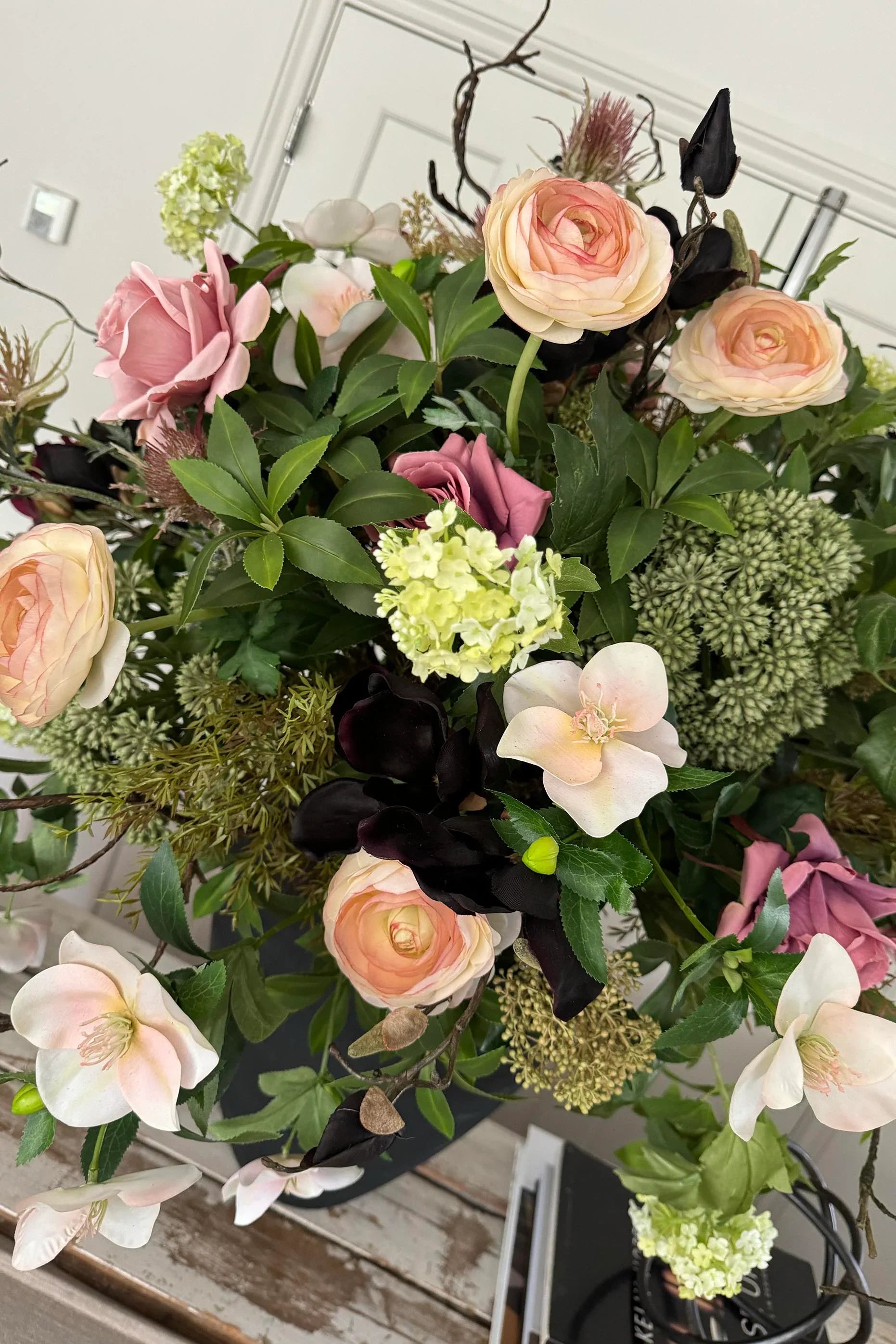 Angelica, Ranunculus, Guelder Rose and Magnolia in a Black Vase RTfact Flowers 