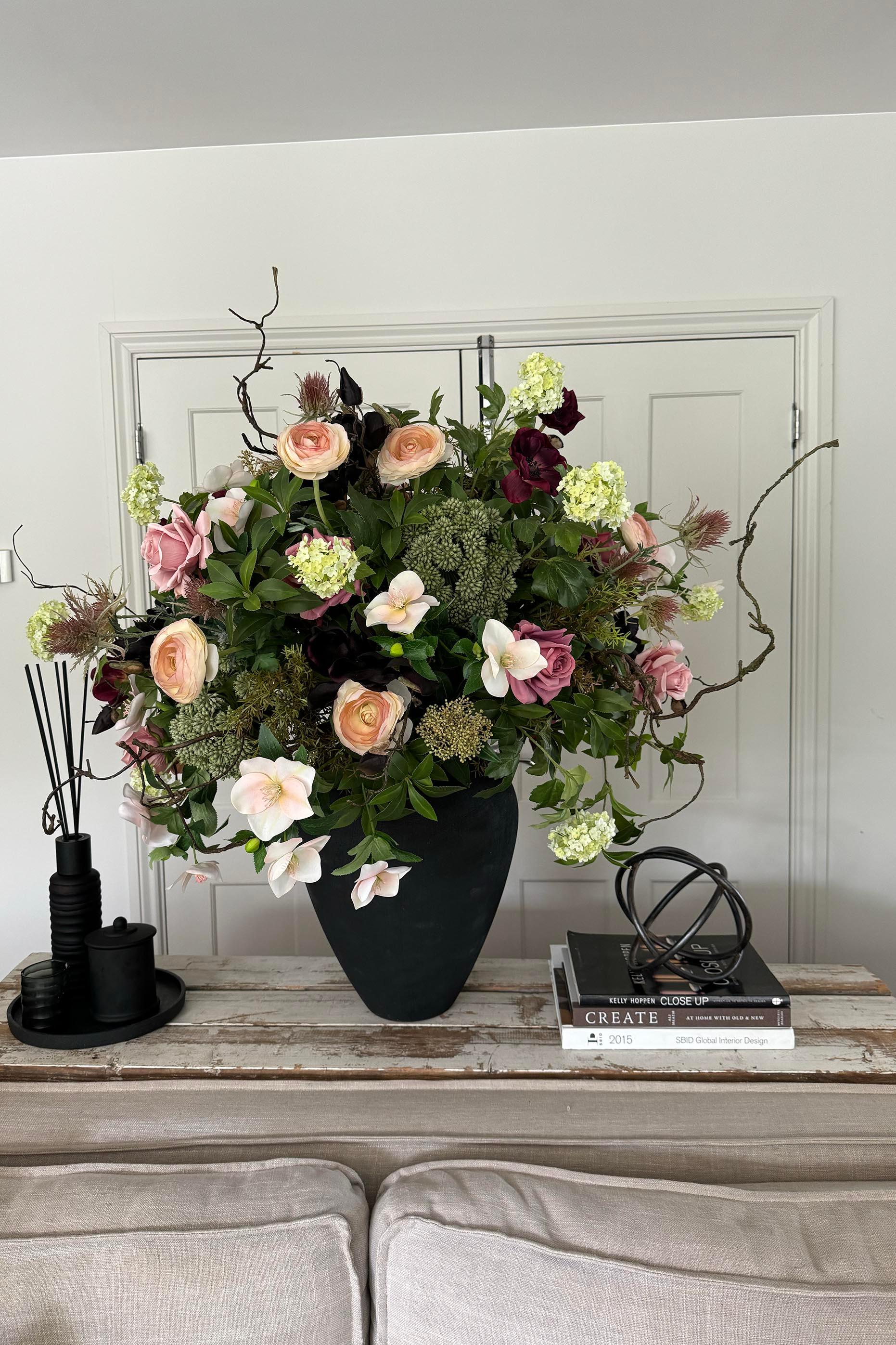 Angelica, Ranunculus, Guelder Rose and Magnolia in a Black Vase RTfact Flowers 