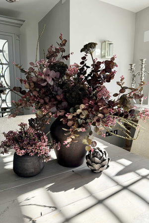 Burgundy Eucalyptus, Angelica and Wax Flower in a Rustic Brown Stone Vase (Large)