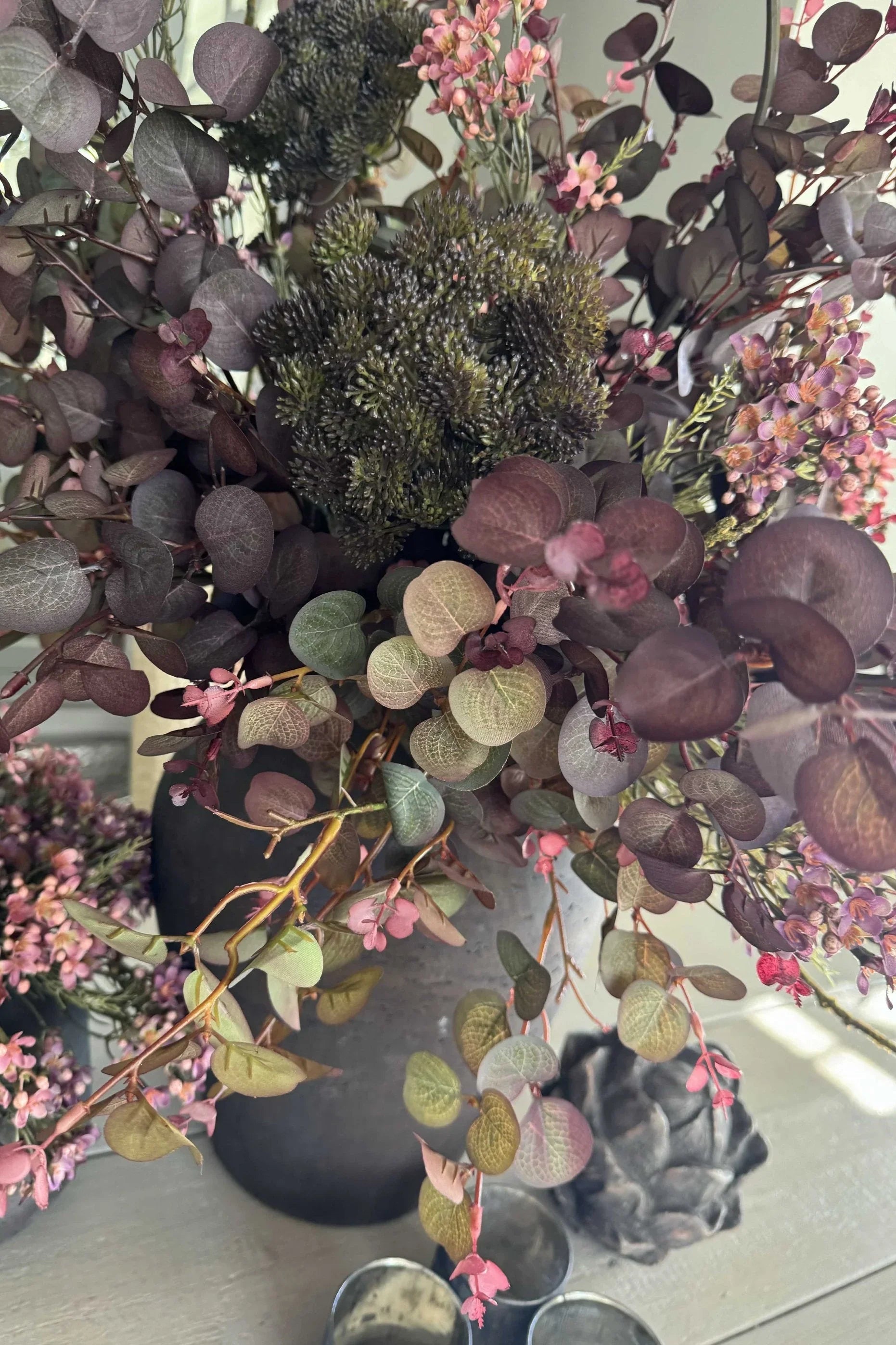Burgundy Eucalyptus, Angelica and Wax Flower in a Rustic Brown Stone Vase (Large) RTfact Flowers 