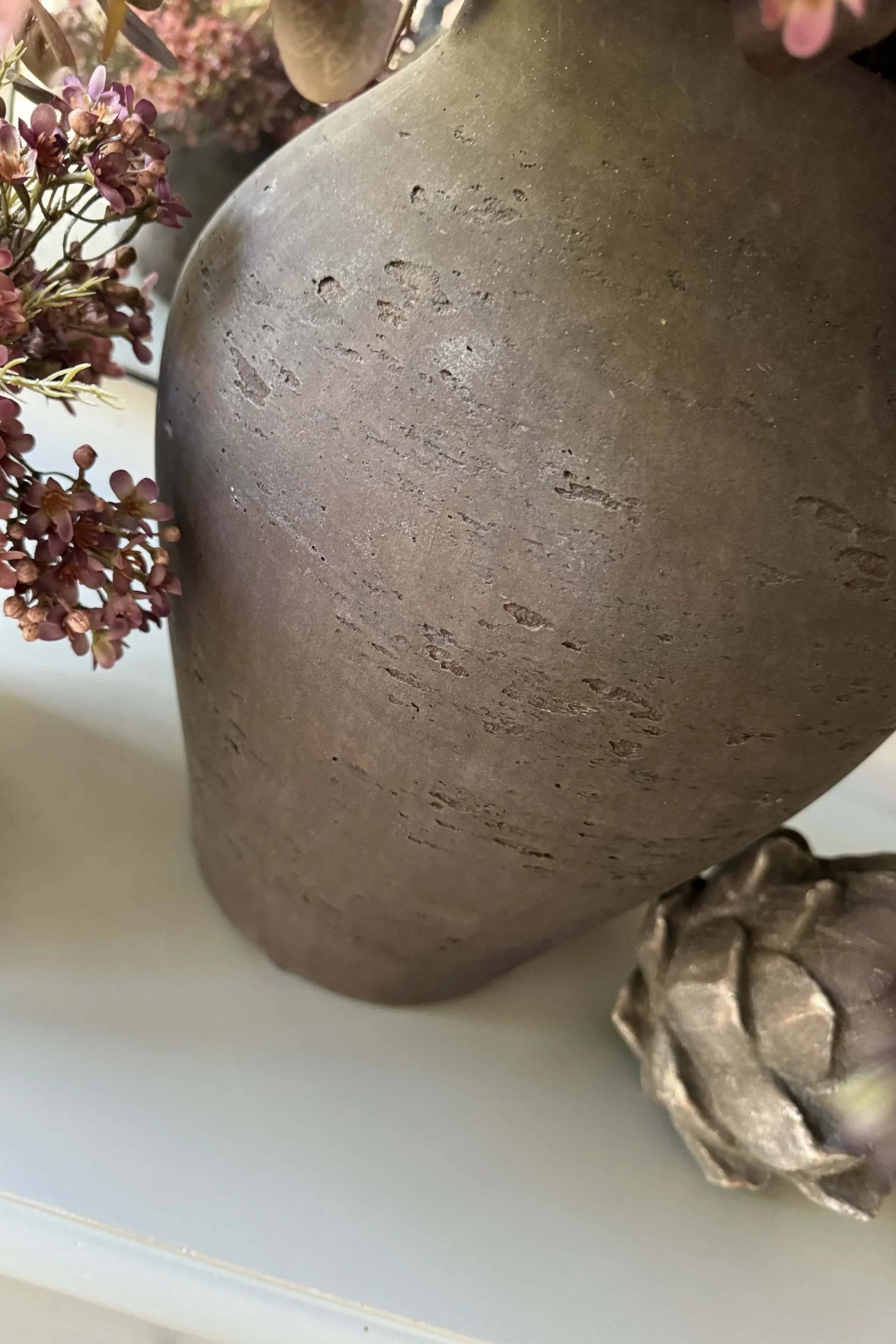 Burgundy Eucalyptus, Angelica and Wax Flower in a Rustic Brown Stone Vase (Large) RTfact Flowers 