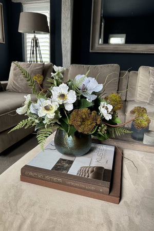 Anemone, Angelica and Orchid in a Pearlescent Blue Glass Vase