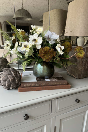 Anemone, Angelica and Orchid in a Pearlescent Blue Glass Vase