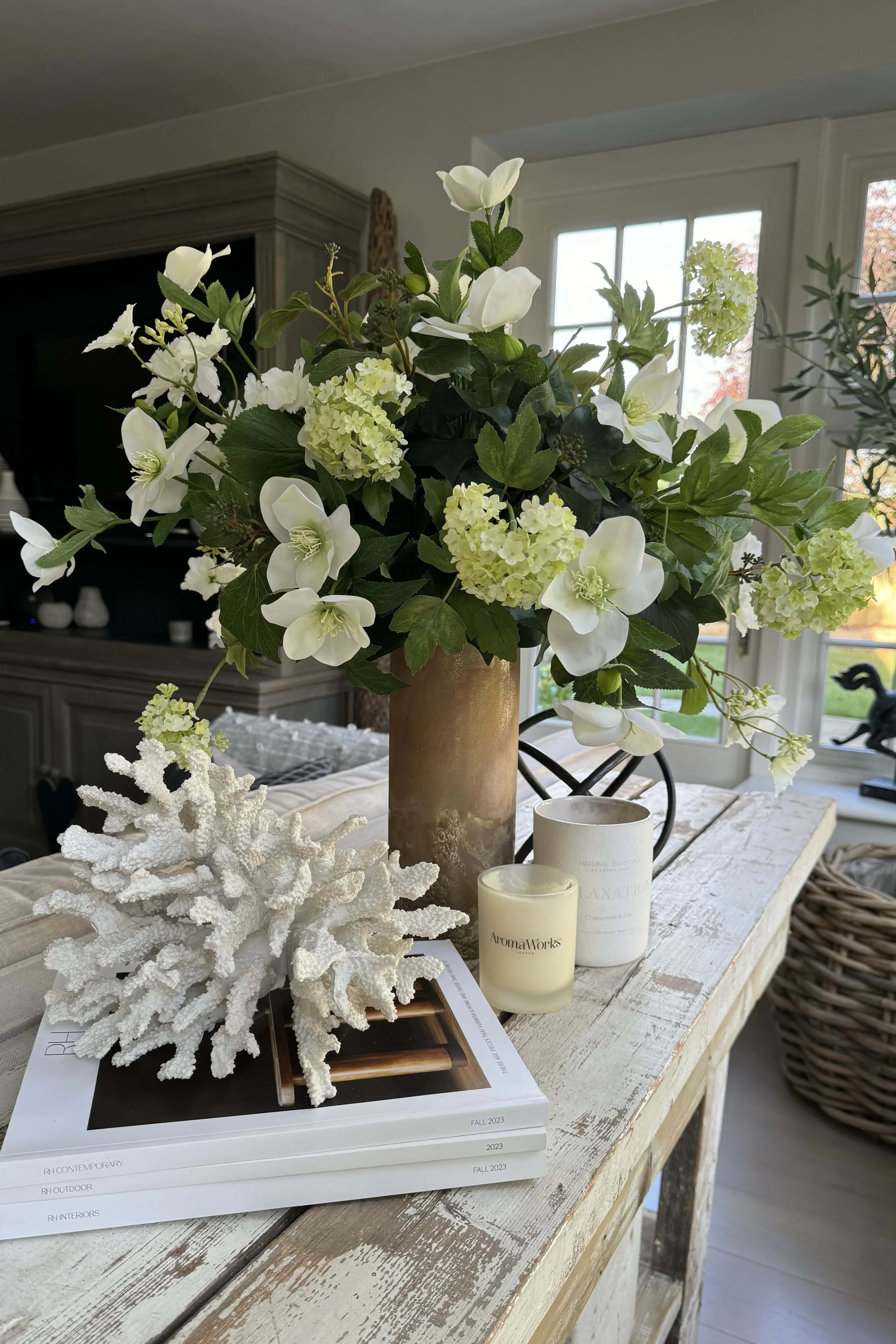 Hellebore and Guelder Rose in a Frosted Glass Vase RTfact Flowers 