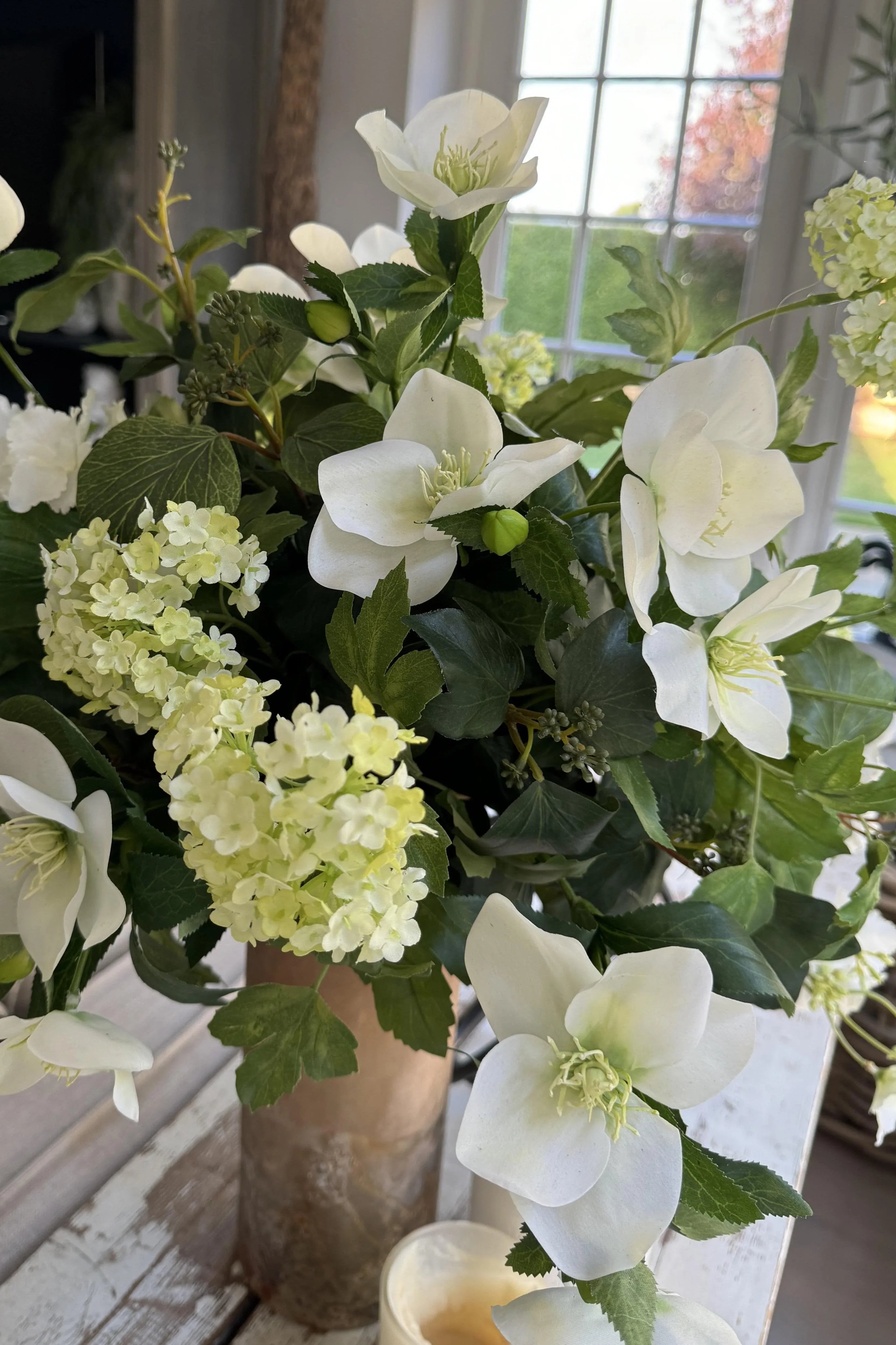 Hellebore and Guelder Rose in a Frosted Glass Vase RTfact Flowers 