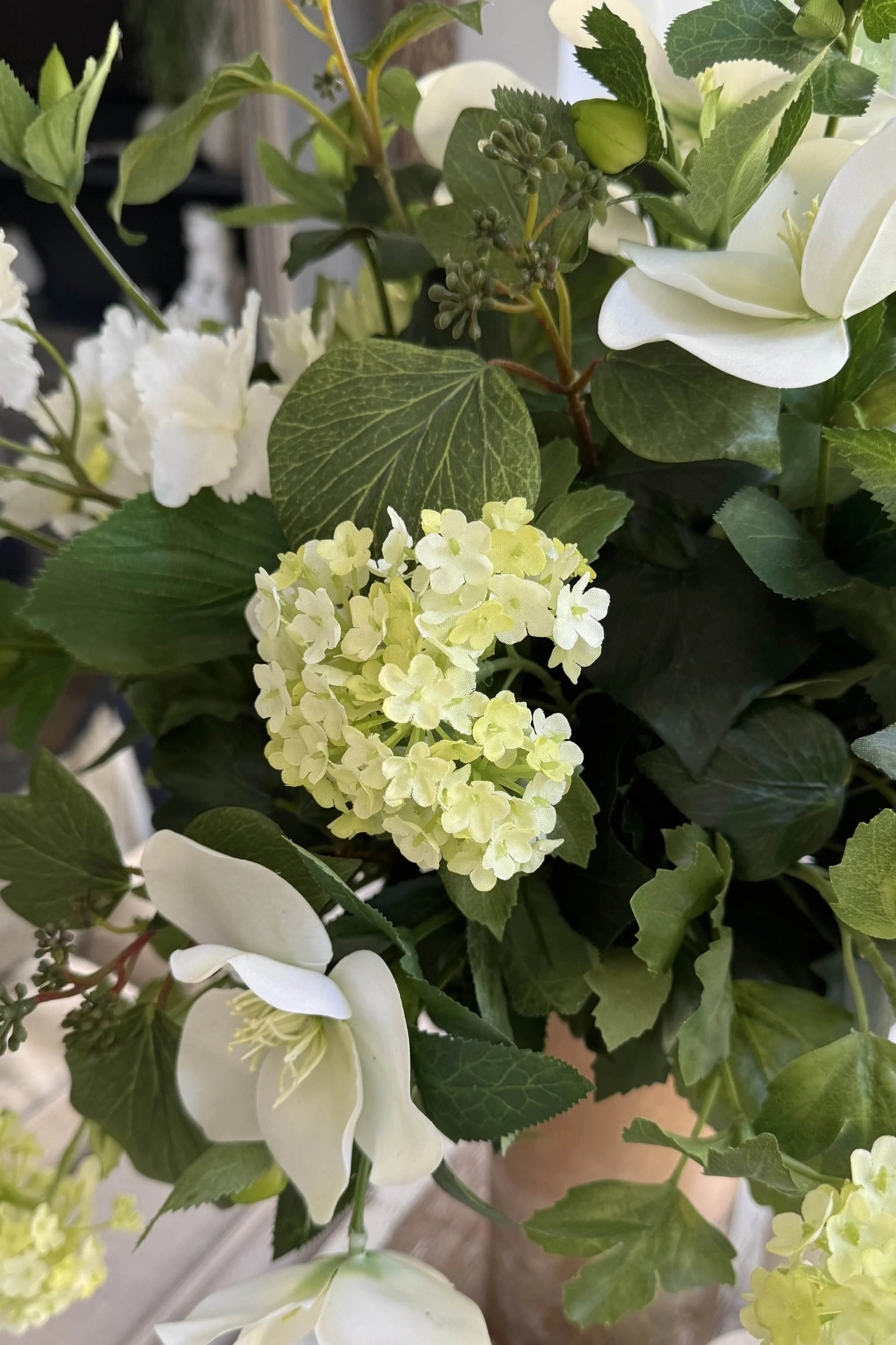 Hellebore and Guelder Rose in a Frosted Glass Vase RTfact Flowers 