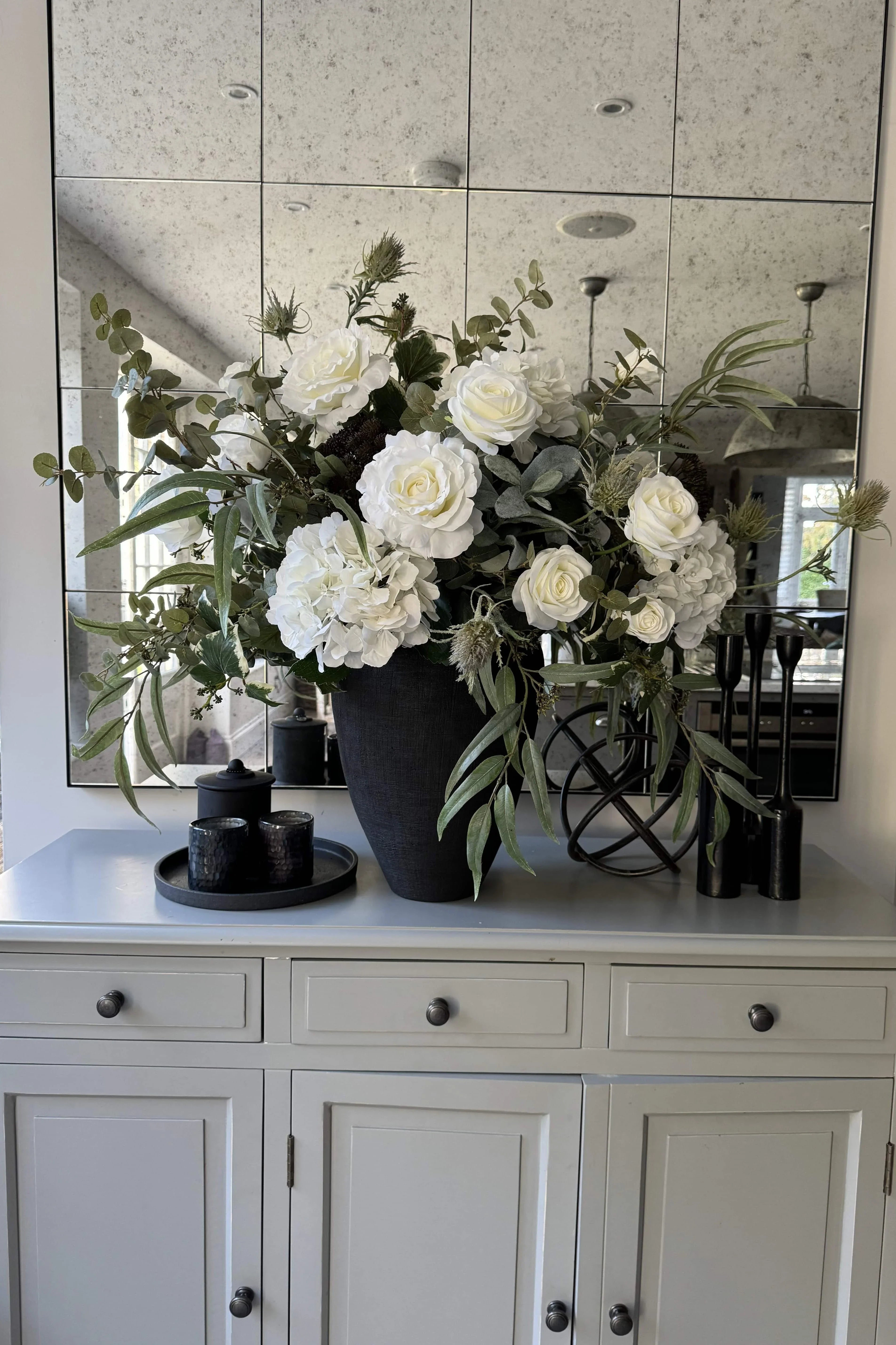 Roses, Hydrangea and Eucalyptus in a Matt Black Vase RTfact Flowers 