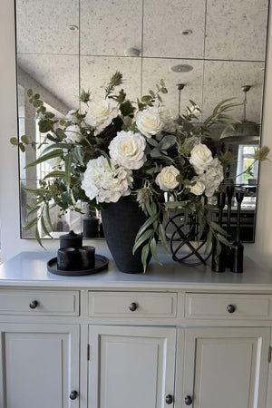 Roses, Hydrangea and Eucalyptus in a Matt Black Vase