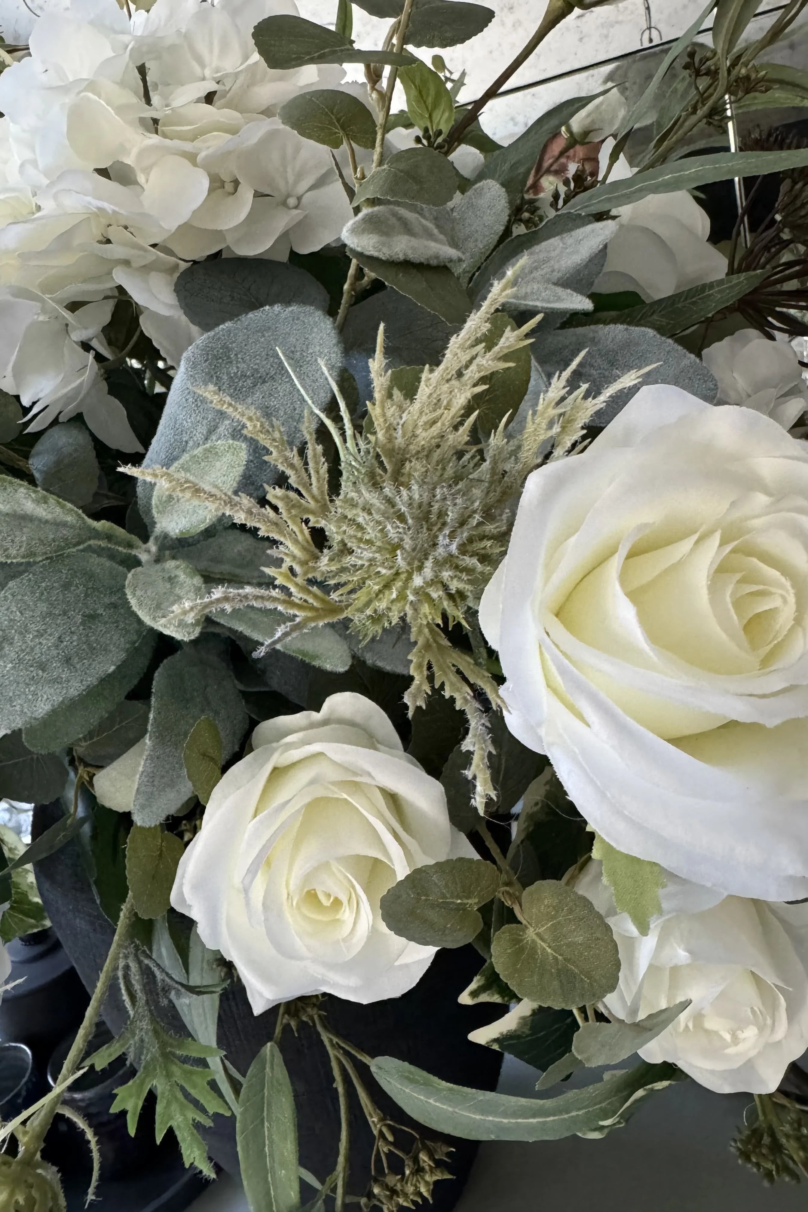 Roses, Hydrangea and Eucalyptus in a Matt Black Vase RTfact Flowers 