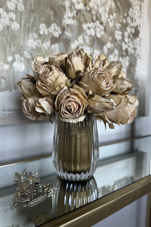 Roses in a Ribbed Glass Vase