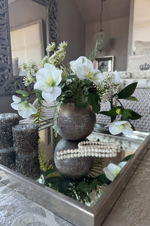 Hellebore, Guelder Rose and Queen Anne's Lace in a Round Frosted Vase