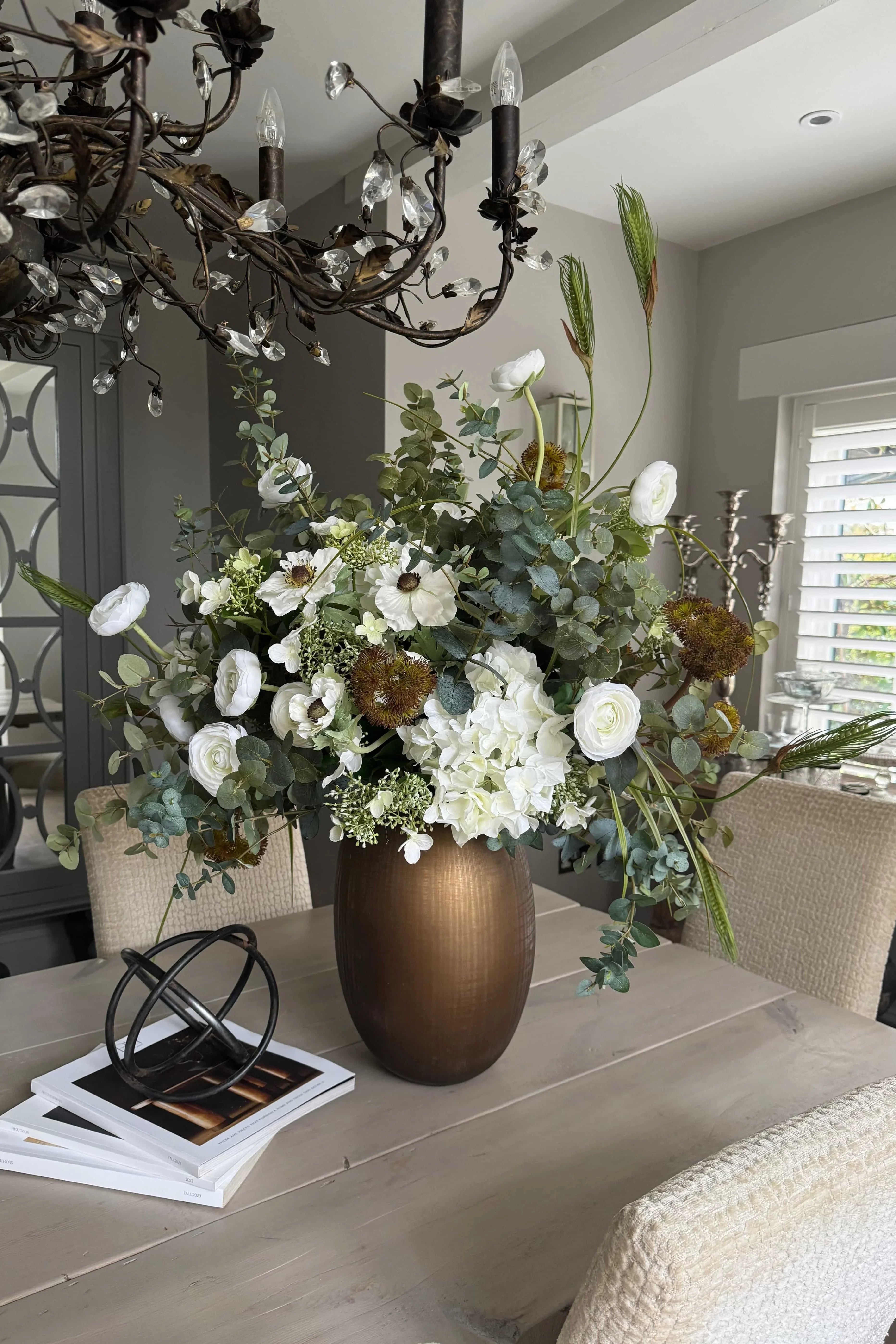 Eucalyptus, Ranunculus and Anemone in a Gold Glass Vase RTfact Flowers 