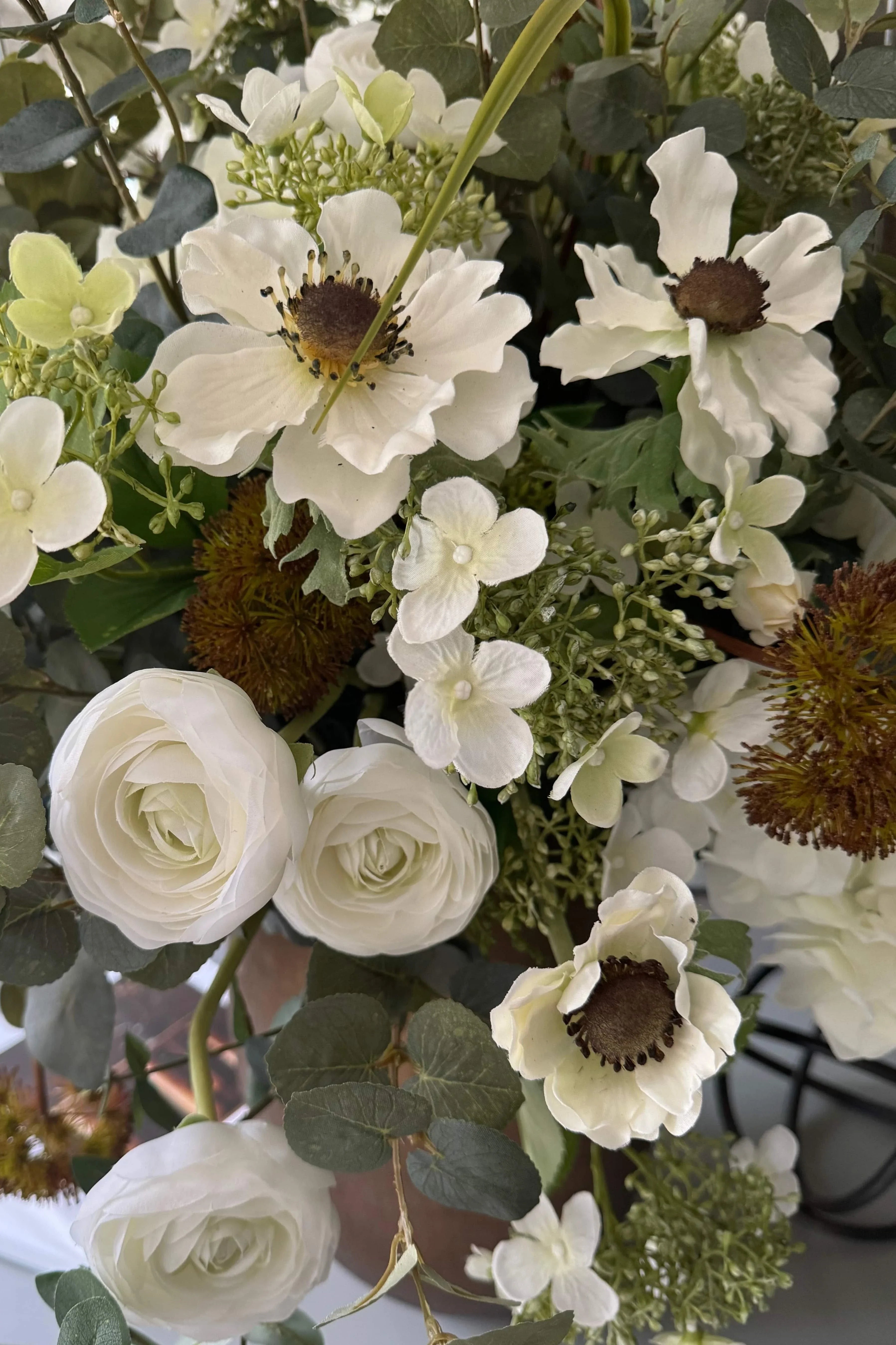 Eucalyptus, Ranunculus and Anemone in a Gold Glass Vase RTfact Flowers 