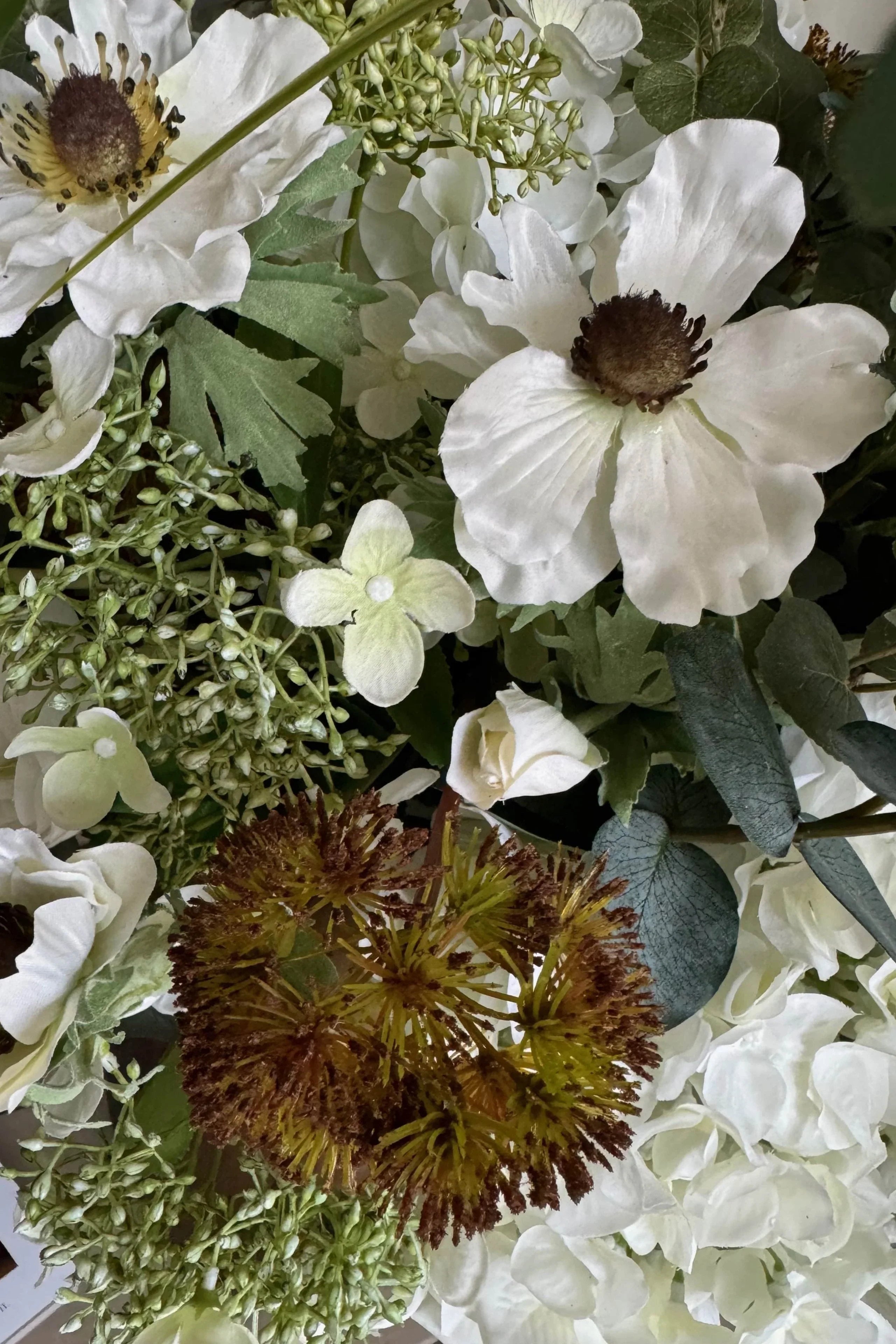 Eucalyptus, Ranunculus and Anemone in a Gold Glass Vase RTfact Flowers 