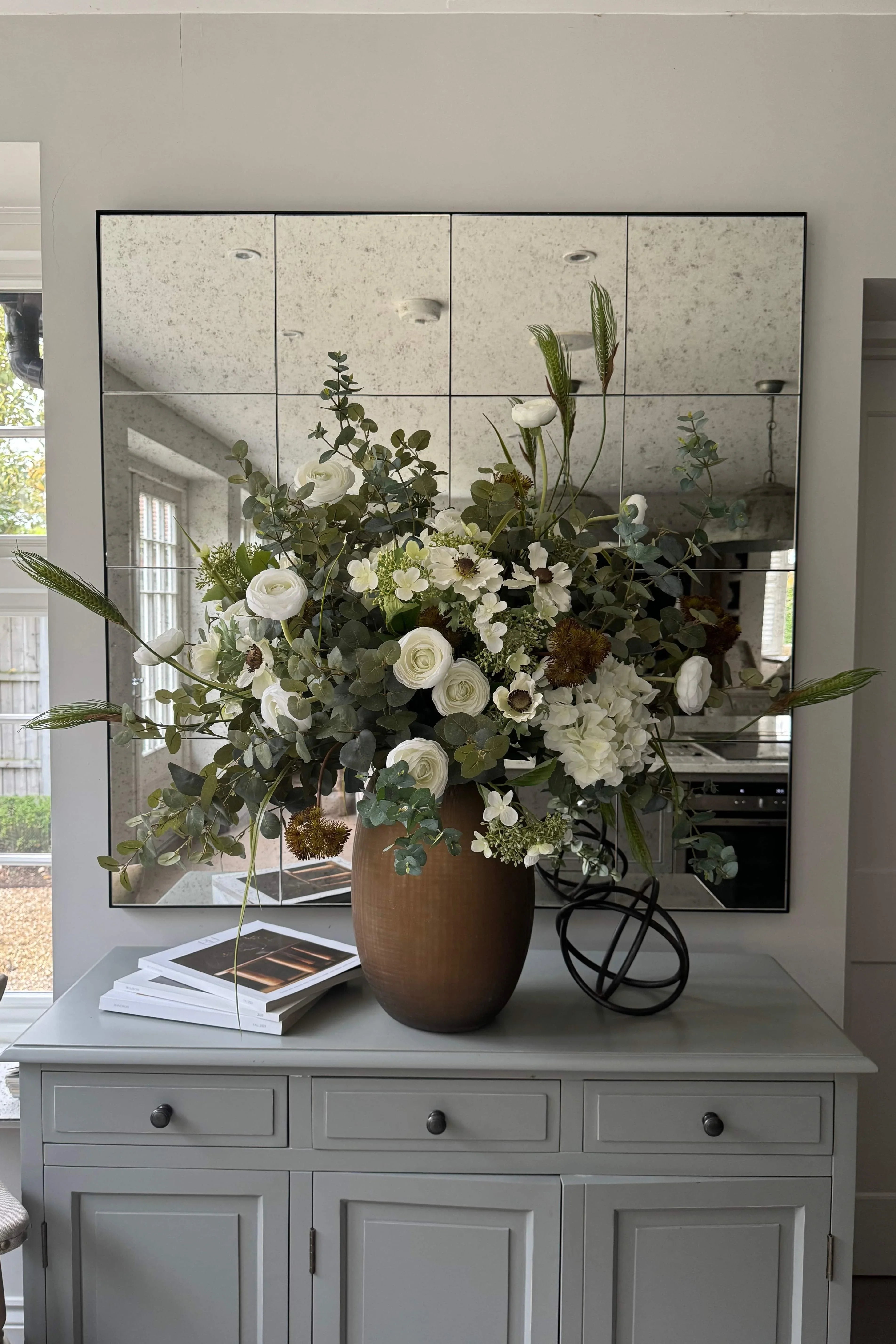 Eucalyptus, Ranunculus and Anemone in a Gold Glass Vase RTfact Flowers 