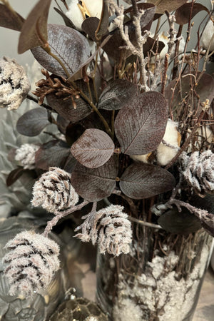 Eucalyptus, Cotton and Frosted Pine Cone in a Snow filled Glass Cylinder