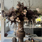Eucalyptus, Rose and Ranunculus in a Ribbed Gold Metal Vase RTfact Flowers 